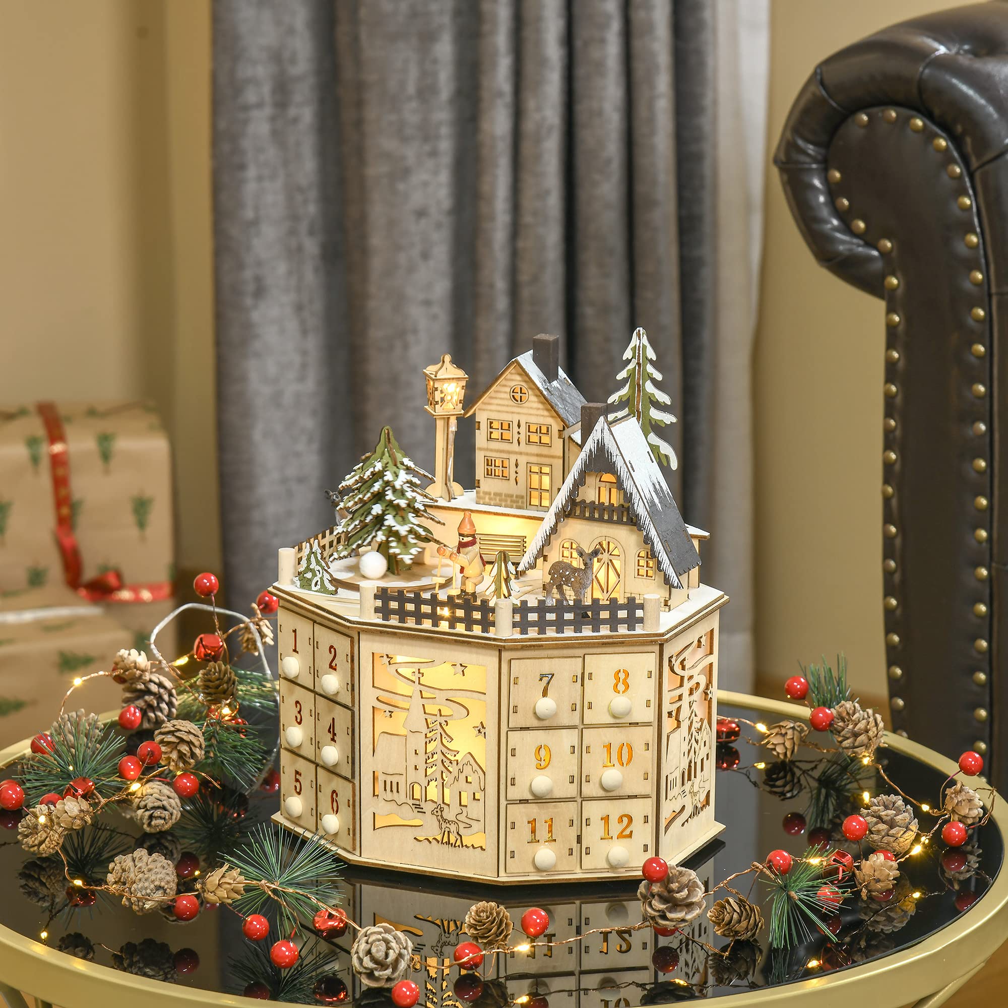 HOMCOM Christmas Advent Calendar, Light Up Table Xmas Wooden Holiday Decoration with Countdown Drawers and Village, for Kids and